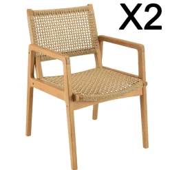 Lot de 2 fauteuils jardin teck naturel rotin synthétique beige VALERIA