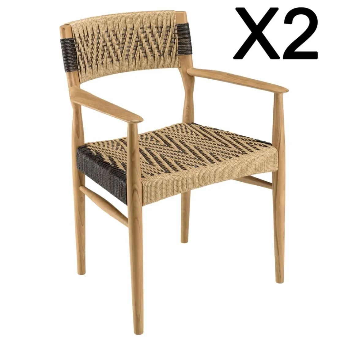 Lot de 2 fauteuils jardin teck rotin synthétique beige noir VALERIA