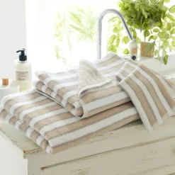 Lot de 2 gants de toilette mprimés rayures coton beige LAURA