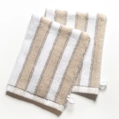 Lot de 2 gants de toilette mprimés rayures coton beige LAURA