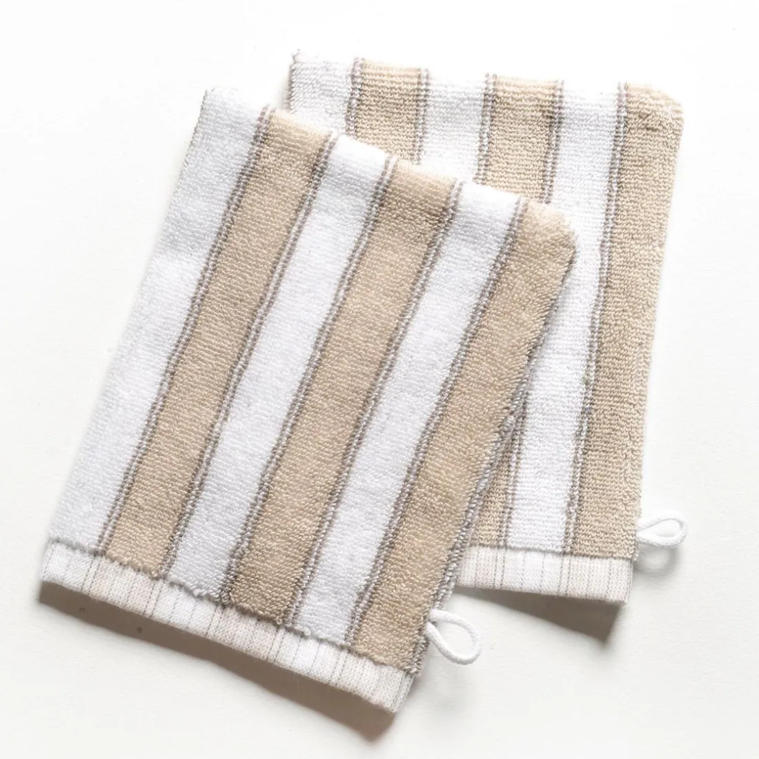 Lot de 2 gants de toilette mprimés rayures coton beige LAURA