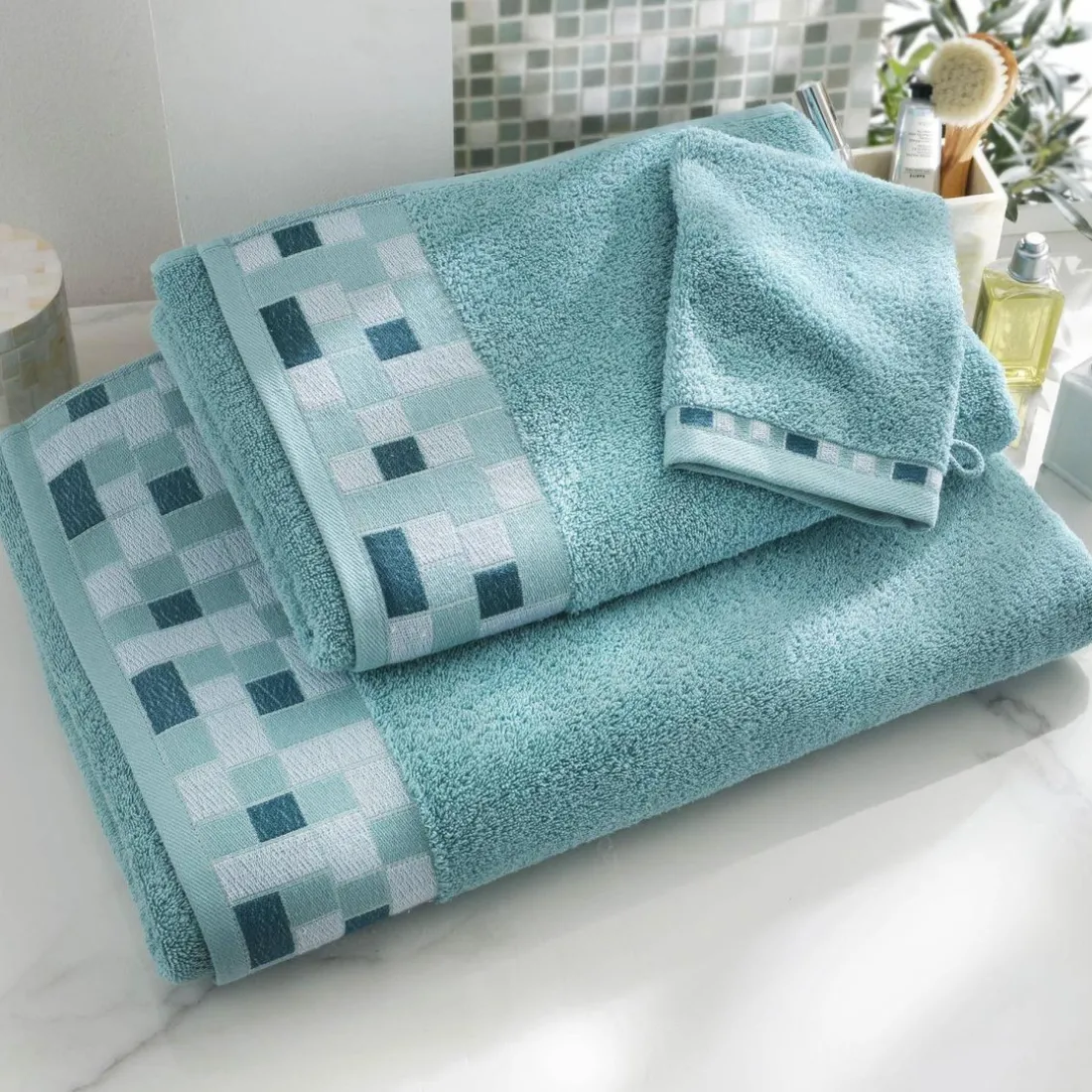 Lot de 2 Gants de toilette Bleu aqua 450G MOSAIQUA