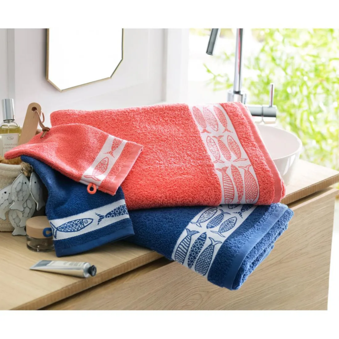 Lot de 2 gants de toilette SARDINETTE bleu en coton