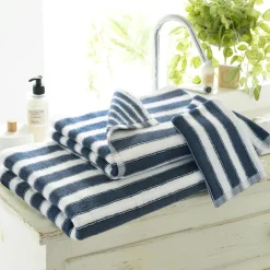 Lot de 2 Gants de toilette imprimés rayures coton bleus LAURA