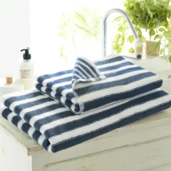 Lot de 2 Gants de toilette imprimés rayures coton bleus LAURA