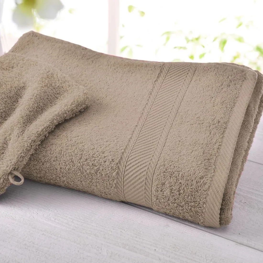 Lot de 2 serviettes de toilette beige ficelle en coton CLAIRE