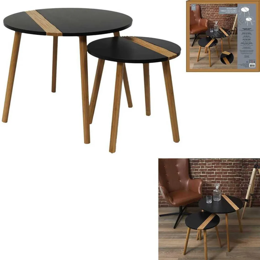 Lot de 2 Tables Gigogne Bicolore Relief noir