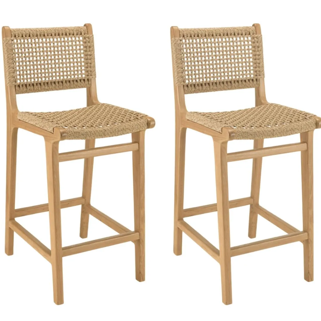 Lot de 2 tabourets bar de jardin teck rotin synthétique beige VALERIA