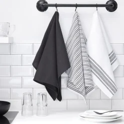 Lot de 3 Torchons Coton TODAY Essential carreaux rayé,Fusain Gris anthracite, blanc