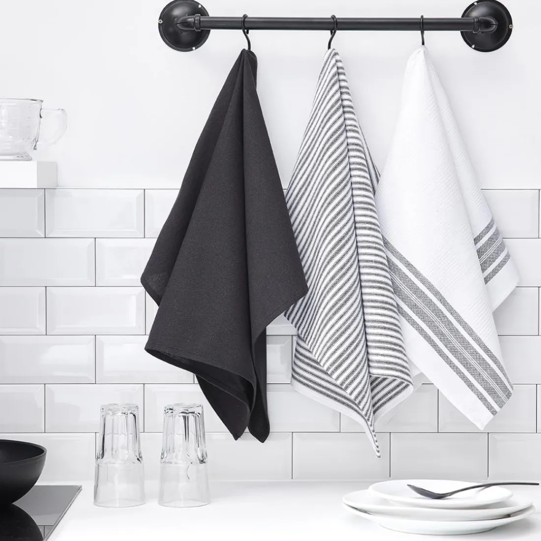 Lot de 3 Torchons Coton TODAY Essential carreaux rayé,Fusain Gris anthracite, blanc