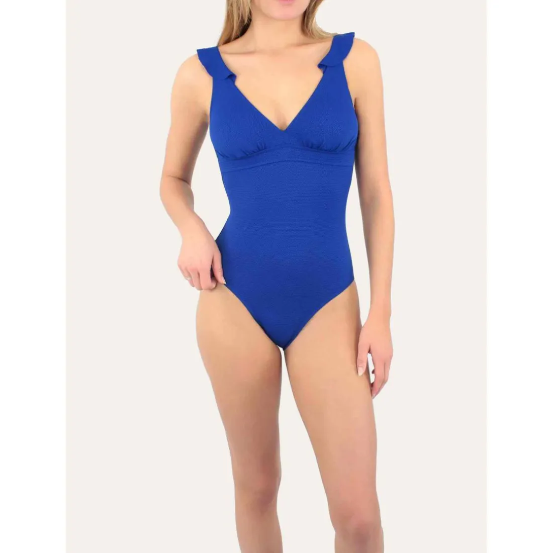 Maillot de bain 1 pièce plongeant à volant Bleu Janine Robin