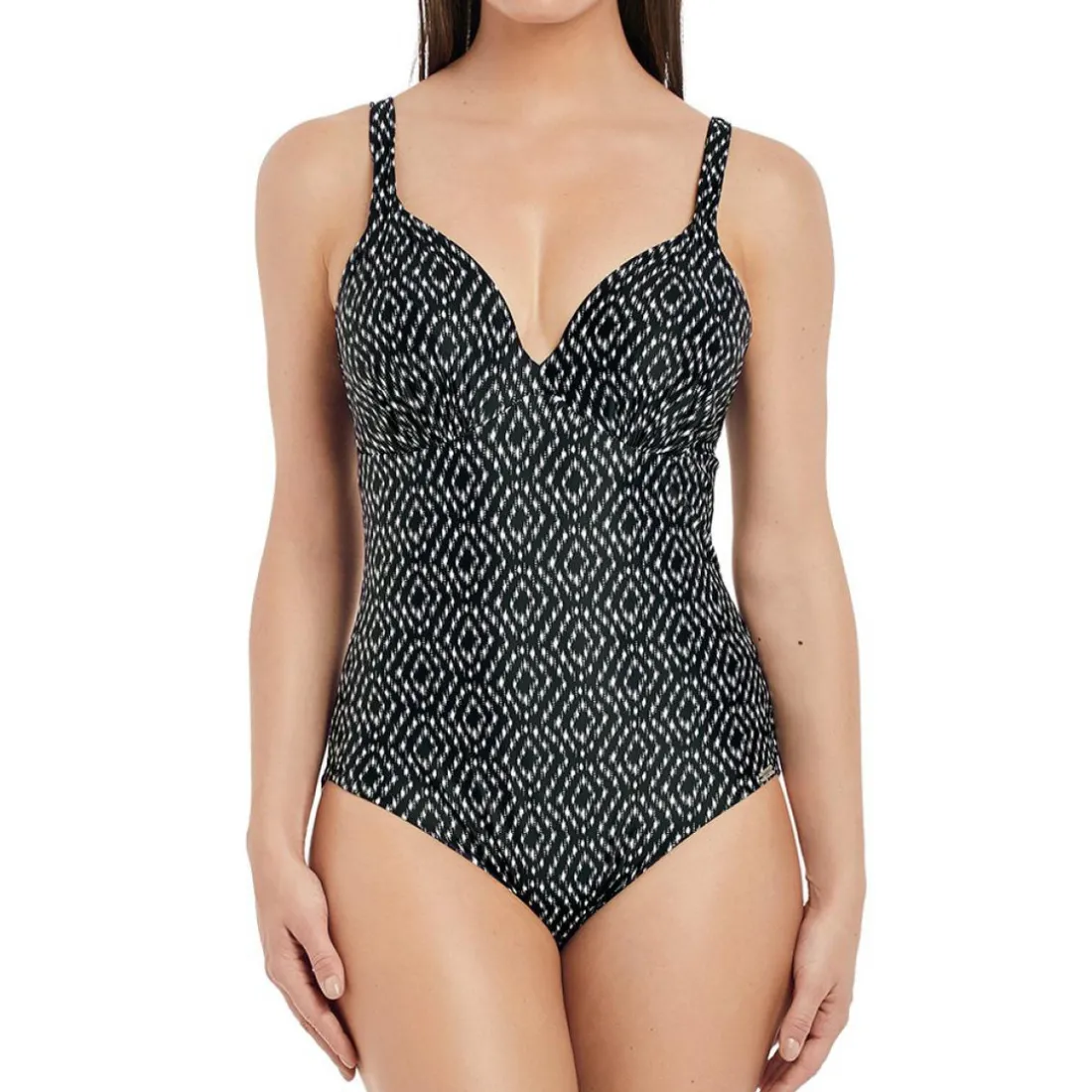 Maillot de bain une pièce plongeant à armatures Imprimé - Noir et Crème