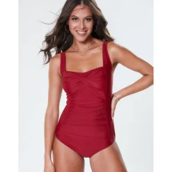 Maillot de bain uni croisé et froncé femme grenat
