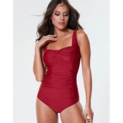 Maillot de bain uni croisé et froncé femme grenat