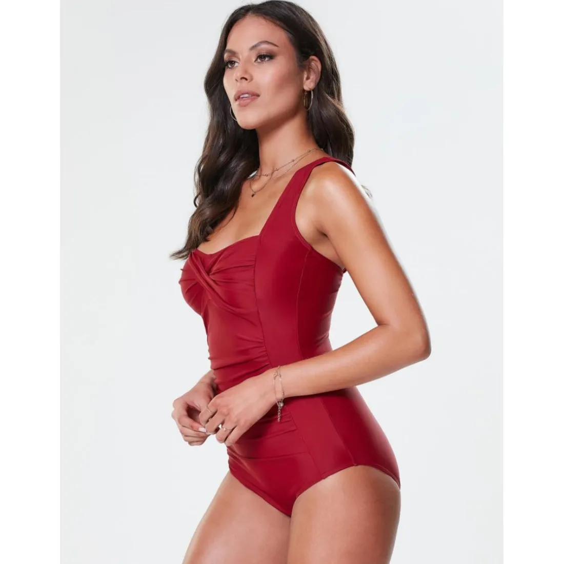 Maillot de bain uni croisé et froncé femme grenat
