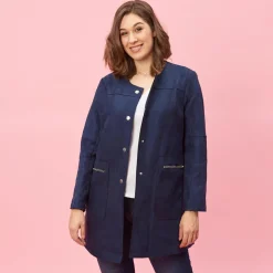 Manteau à pressions poches zippées et col rond grandes tailles femme - Bleu Marine