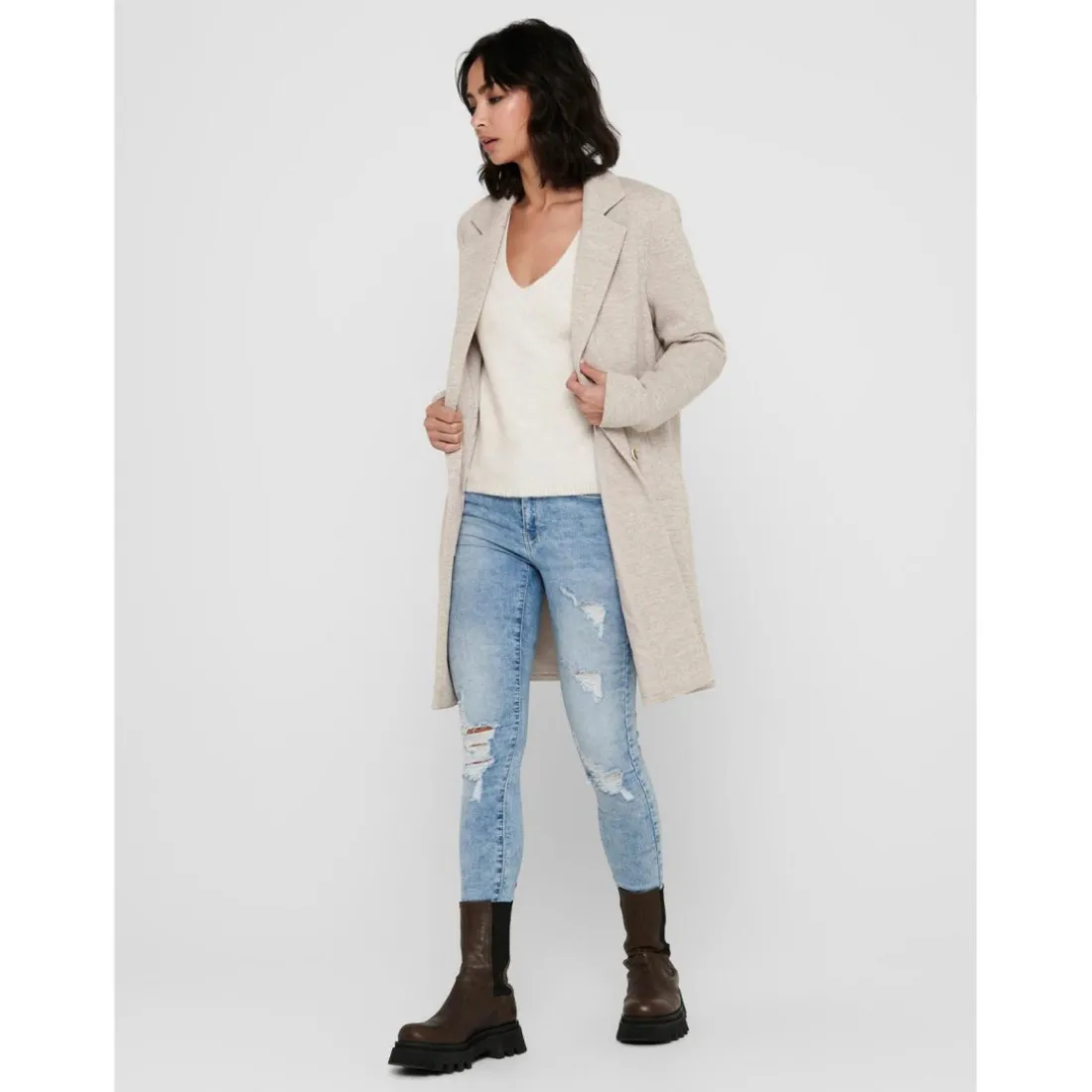 Manteau Col à revers Long gris beige en coton