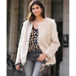 Manteau fourrure synthétique manches longues femme - Sable beige