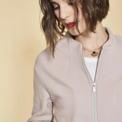 Manteau zippé col arrondi manches longues femme - Rose