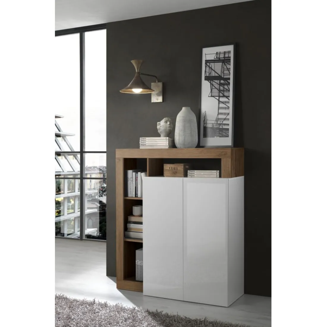 Meuble bar 2 portes blanc lacqué brillant bois mercure