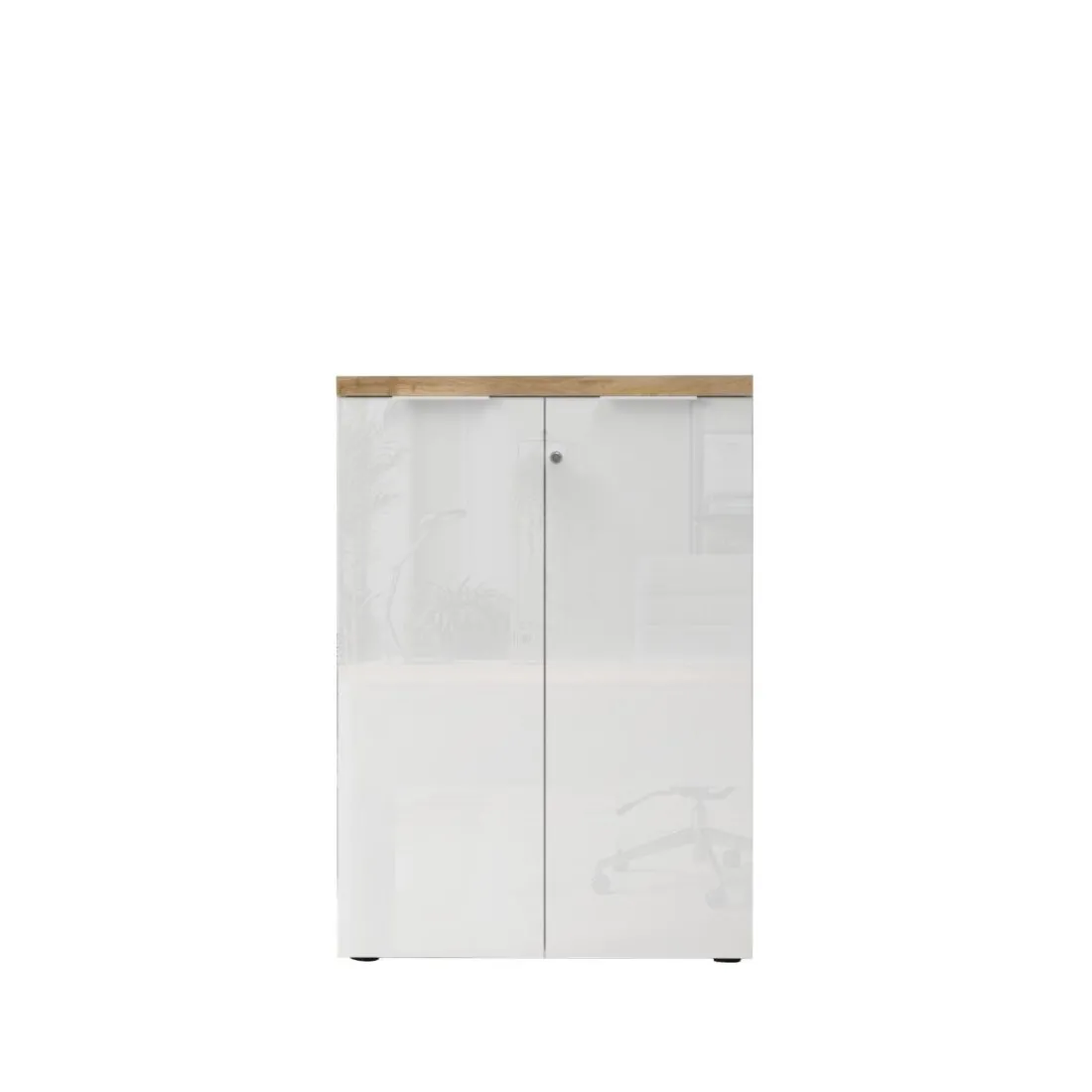 Meuble de bureau bas 2 portes 2 étagères avec serrure à clé poigné métal EASY