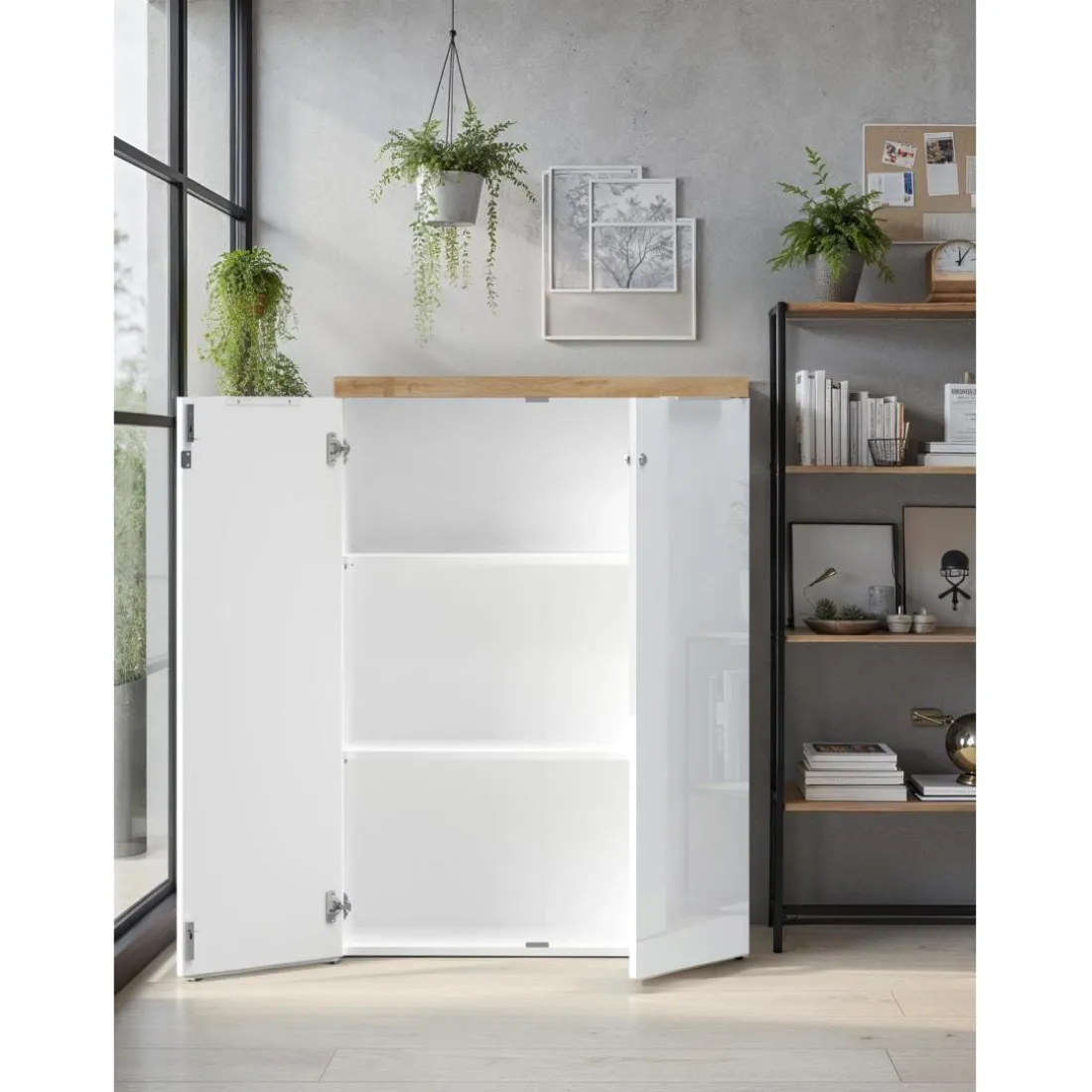 Meuble de bureau bas 2 portes 2 étagères avec serrure à clé poigné métal EASY