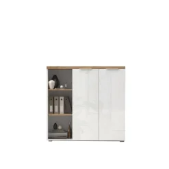 Meuble de bureau bas 2 portes 2 étagères niche avec 2 étagères chene poigné métal EASY