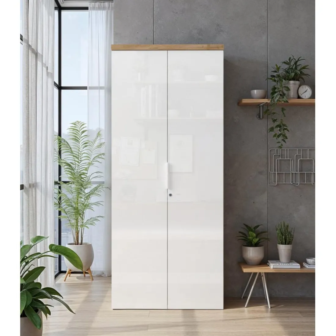 Meuble de bureau haut 2 portes 4 étagères avec serrure à clé poigné métal EASY
