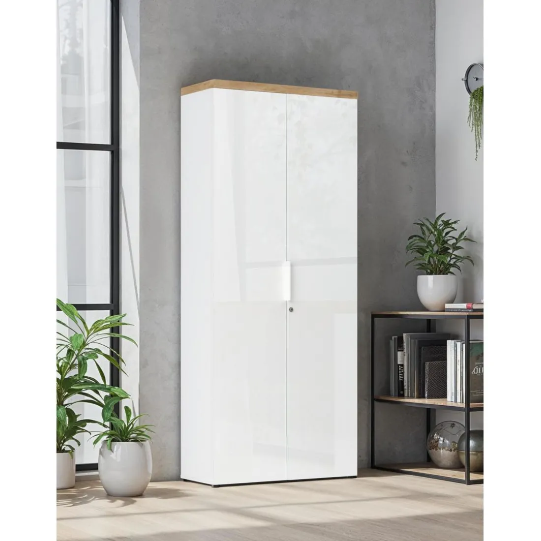 Meuble de bureau haut 2 portes 4 étagères avec serrure à clé poigné métal EASY