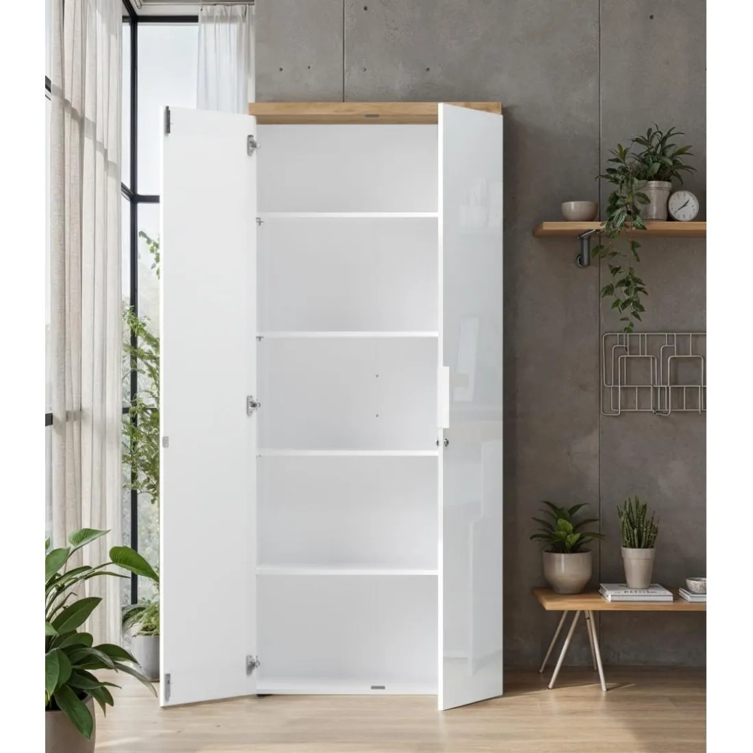 Meuble de bureau haut 2 portes 4 étagères avec serrure à clé poigné métal EASY