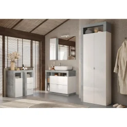 Meuble de rangement salle de bain 3 tiroirs effet béton façade blanc L35xH78 cm