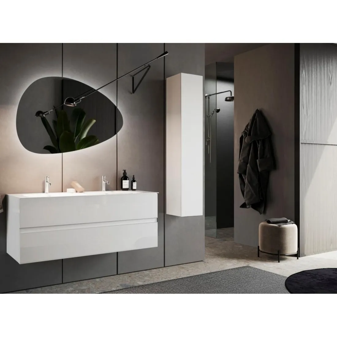 Meuble salle de bain Sienna suspendu laqué brillant blanc 2 tiroirs avec double vasque
