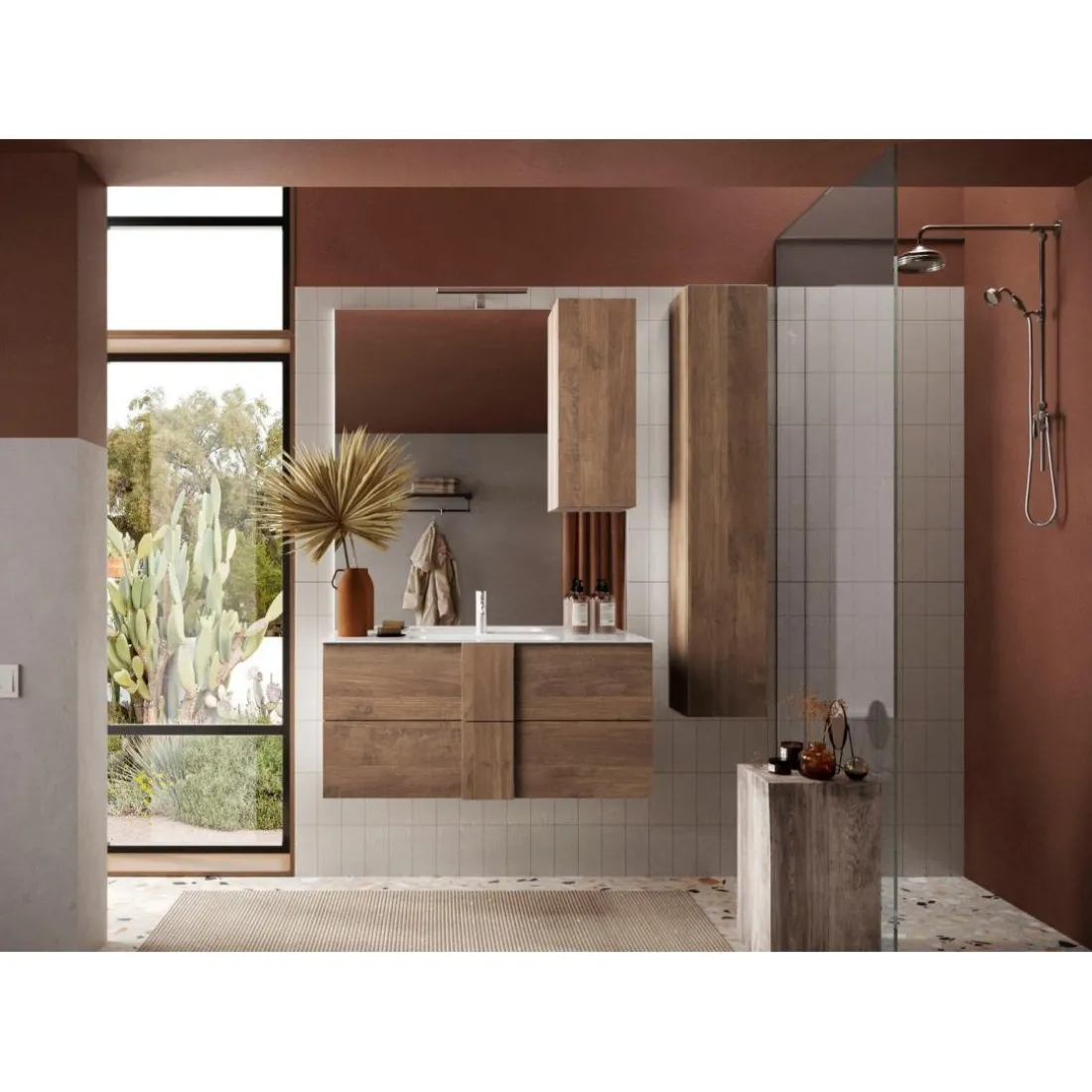 Meuble salle de bain suspendu coloris Chêne 2 tiroirs 100 cm