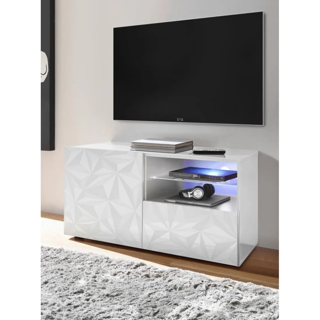 Meuble TV 1 porte et 1 tiroir PRISMA laqué blanc brillant