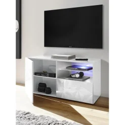 Meuble TV 1 porte et 1 tiroir PRISMA laqué blanc brillant