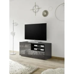 Meuble TV 1 porte et 1 tiroir MIRO laqué gris brillant