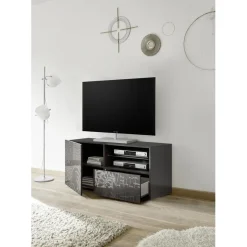 Meuble TV 1 porte et 1 tiroir MIRO laqué gris brillant