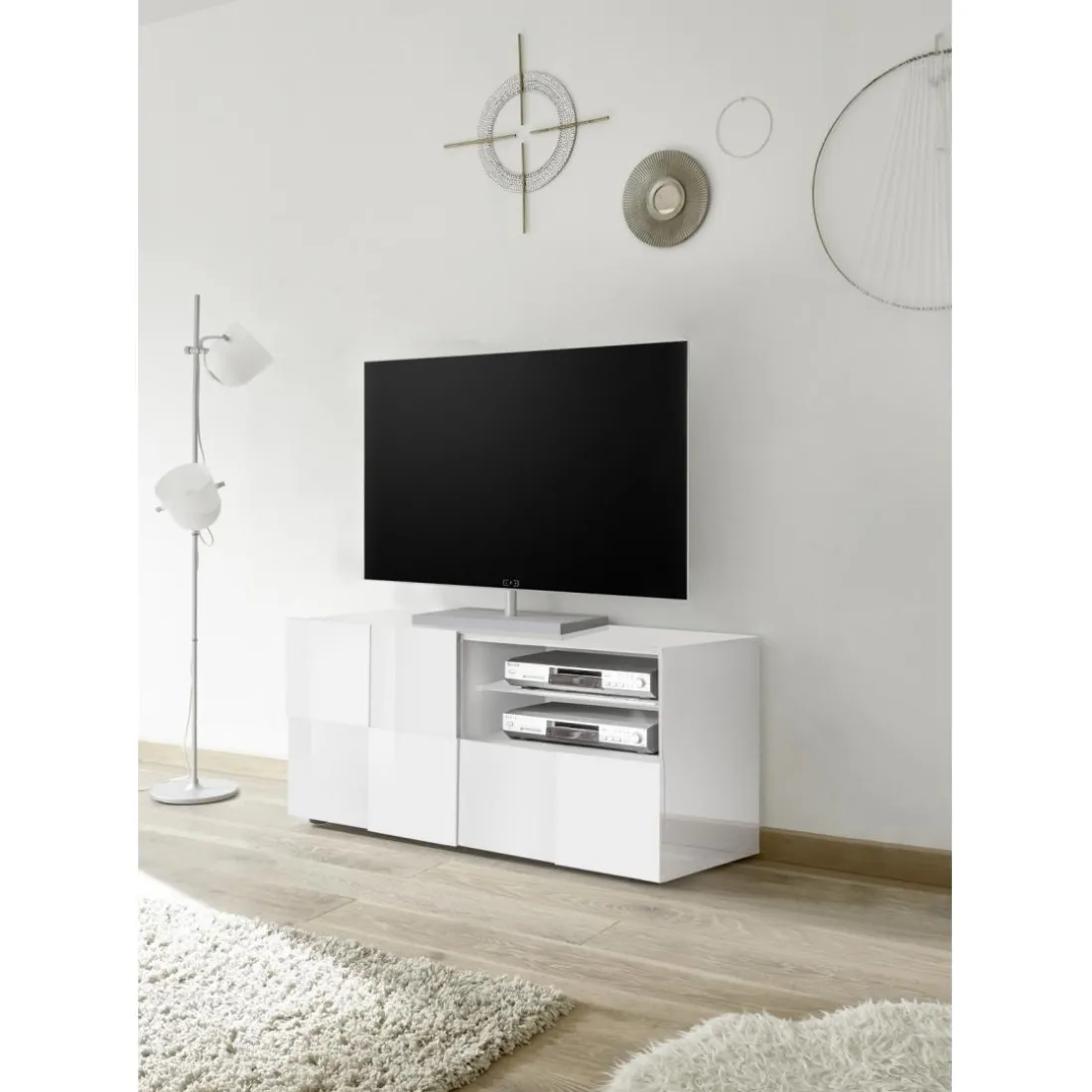 Meuble TV 1 porte et 1 tiroir DAMA laqué blanc brillant