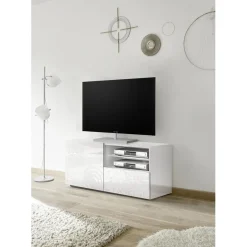 Meuble TV 1 porte et 1 tiroir MIRO laqué blanc brillant