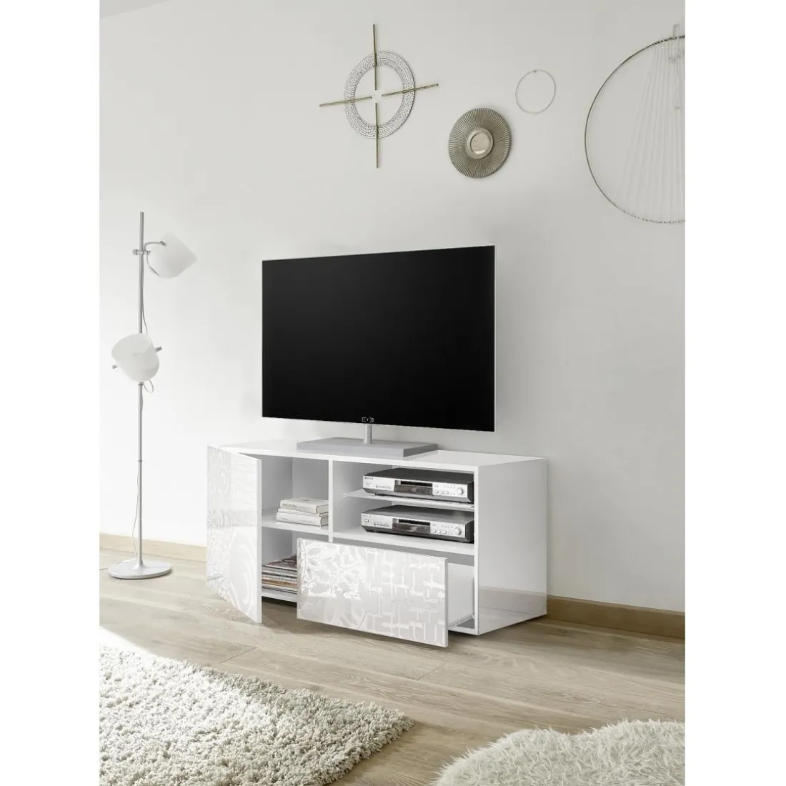 Meuble TV 1 porte et 1 tiroir MIRO laqué blanc brillant