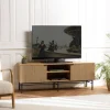 Meuble TV 2 portes 2 niches décor effet bois rainuré noir naturel SCOTT