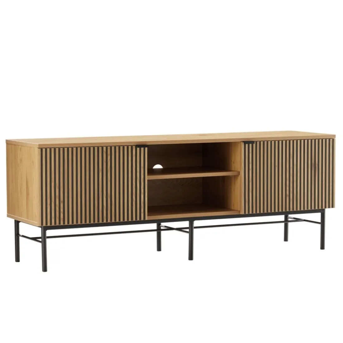 Meuble TV 2 portes 2 niches décor effet bois rainuré noir naturel SCOTT