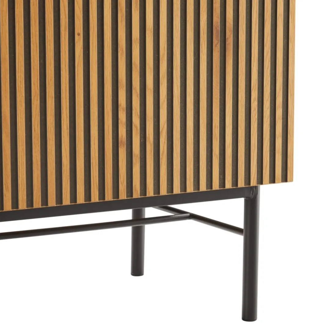Meuble TV 2 portes 2 niches décor effet bois rainuré noir naturel SCOTT