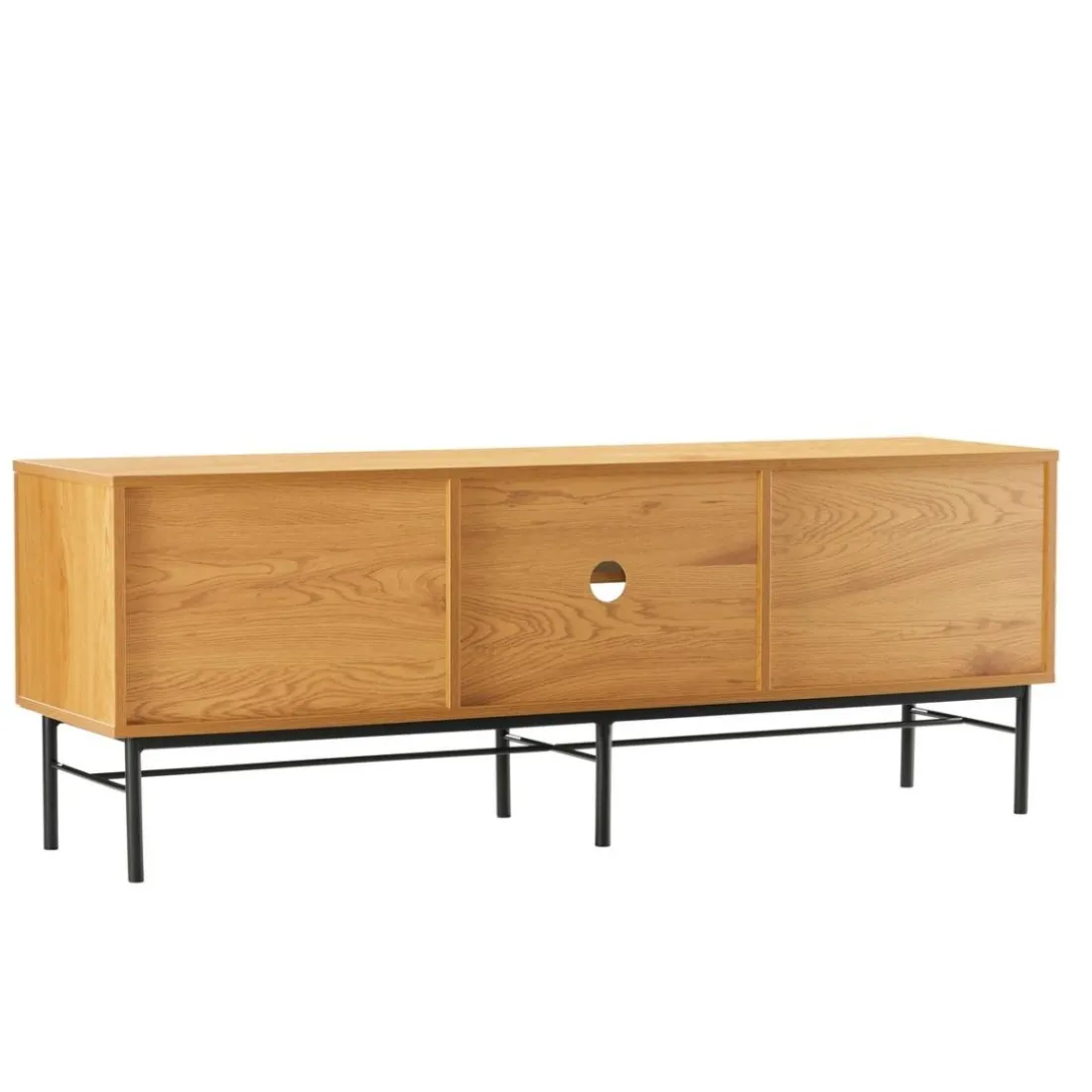 Meuble TV 2 portes 2 niches décor effet bois rainuré noir naturel SCOTT