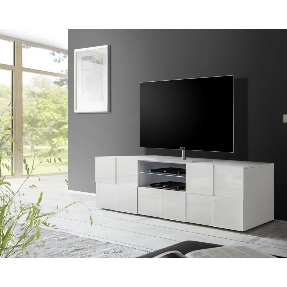 Meuble TV 2 portes 1 tiroir DAMA laqué blanc brillant