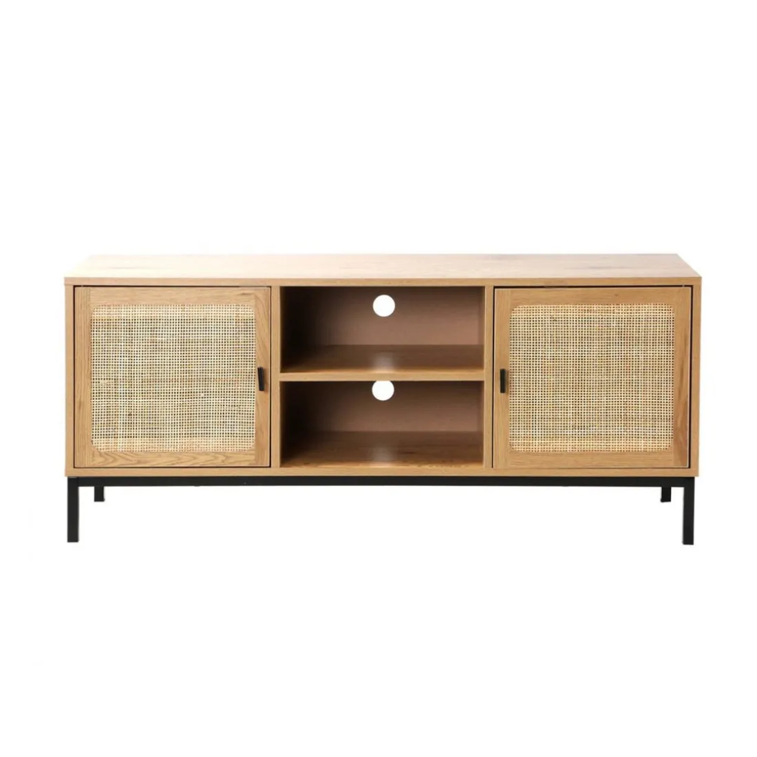 Meuble TV 2 Portes avec Cannage Rotin et 2 Niches en bois Beige
