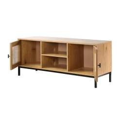 Meuble TV 2 Portes avec Cannage Rotin et 2 Niches en bois Beige