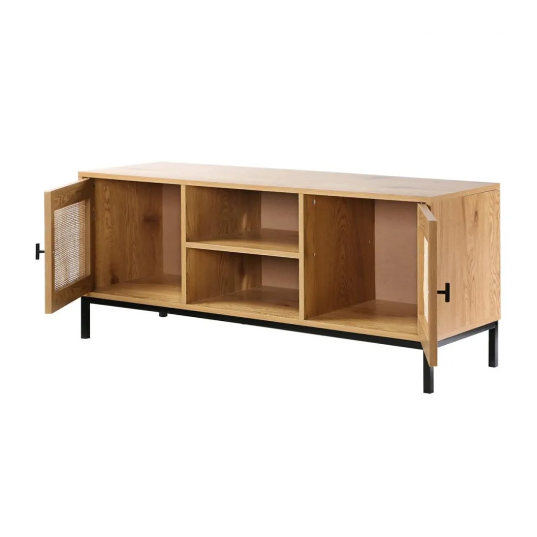 Meuble TV 2 Portes avec Cannage Rotin et 2 Niches en bois Beige