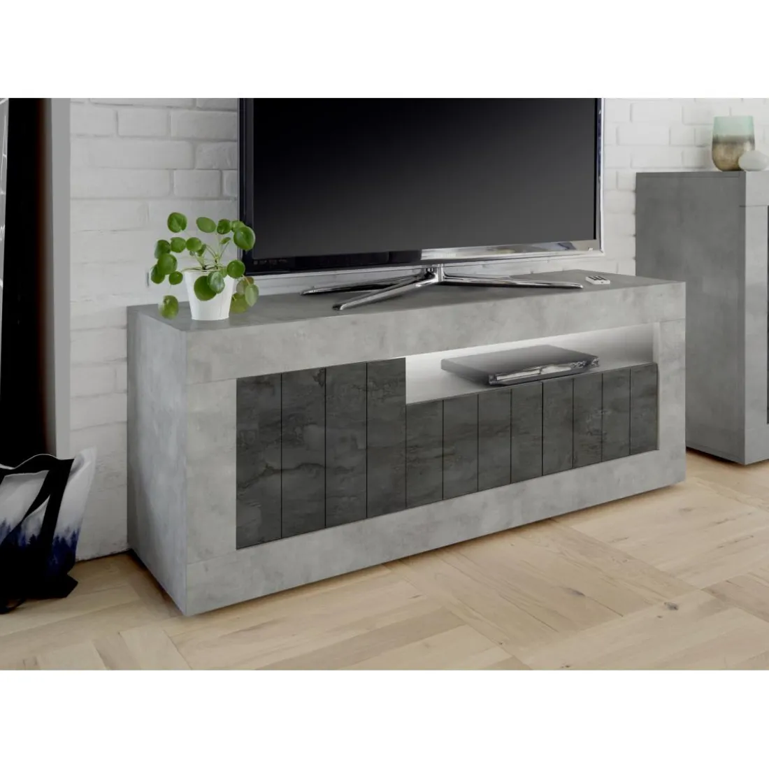 Meuble TV 3 portes battantes URBINO cement et oxyde
