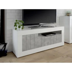 Meuble TV 3 portes battantes URBINO blanc brillant et cement